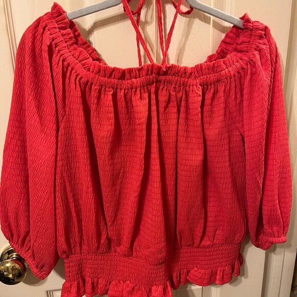 Michael Kors Knit Smocked Ruffle Hem Off-The-Shoulder Neck Top size OX NWT - Picture 1 of 4